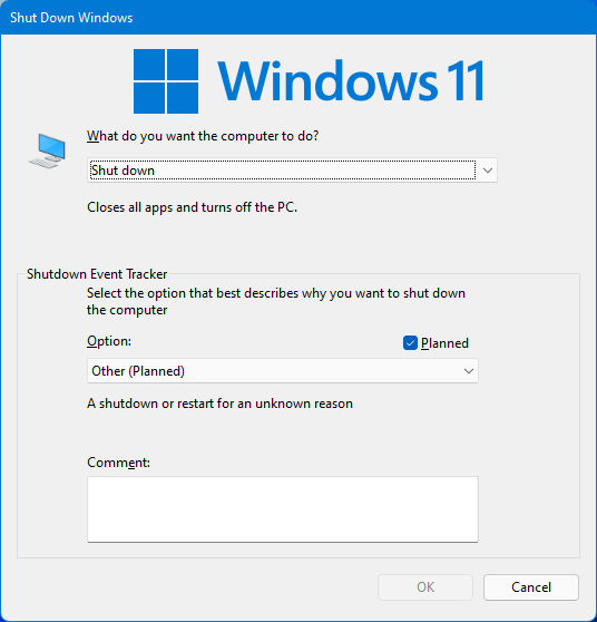 Screenshot of the Shutdown Event Tracker